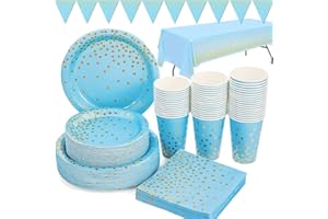 DUOCUTE Blu e Dorate Stoviglie per Feste 99 Pezzi Stoviglie Carta Set Include Piatti di Carta Tovaglioli Tazze Tovaglia Banner, per Baby Shower, Compleanno di Ragazzo, Matrimonio, Compleanno(24 Ospiti)