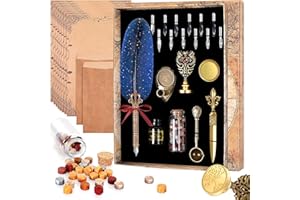 MPRINCE Juego de tinta de pluma para caligrafía, incluye pluma de pluma, tinta, 12 plumas de repuesto, soporte para bolígrafos, 2 sobres, 8 hojas de papel, vela perfumada, 1 botella de sello de cera (azul)