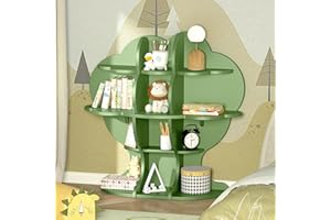 Hironpal Kids Tree Bookshelf Toddler Bookcase Children Green Book Shelf Toy Storage Organizer Forest Wood Display Rack for Nursery Playroom Bedroom Classroom Boy Girl’s Gift (Green)