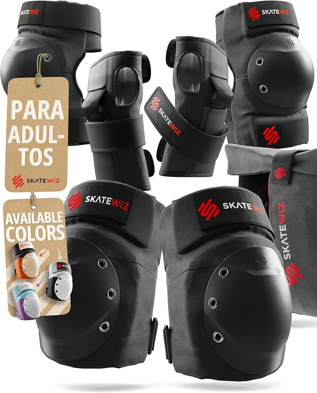 SKATEWIZ Protecciones Patines Adulto, Rodilleras Skate - Protecciones Patines de Hielo - Kit Protección Skate - Rodilleras y Coderas Adulto - Shield Talla L Negro
