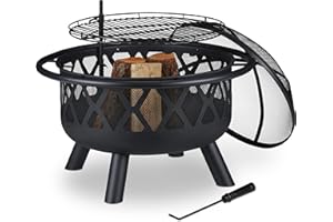 Relaxdays Brasero avec Grillage, avec Protection étincelles & tisonnier, terrasse, D 75 cm, Jardin et terrasse, Noir