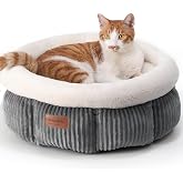 FUKUMARU Washable Cat Bed, 48 x 48 x 20 cm, Cat Basket with Raised Edge, Soft Ribbed Plush Bed, Grey