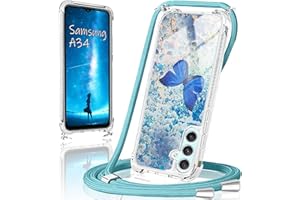 XCYYOO Handykette für Samsung Galaxy A34 5G Hülle mit Band,Handyhülle Samsung Galaxy A34 5G Glitzer Schmetterling mit kette TPU Slim Bumper Kratzfest Transparent Stoßfest Schmetterling Schutzhülle mit Kordel