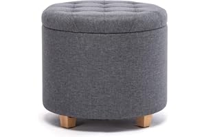 HNNHOME® - Otomana de almacenamiento de lino acolchada redonda de 45 cm, taburete puf con almacenamiento (lava)