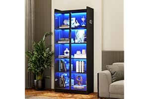 ‎FREDEES FREDEES Vitrine mit Verstellbaren Einlegeböden, 165cm Hohe Bücherregal Standvitrine mit LED-Leuchten/Personensensor, 5-stöckige Sammlervitrine Schwarz,Transparente Acryltüren