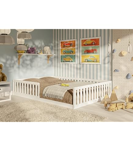 Montessori Kinderbed, vloerbed, 140 x 200 cm, bed met valbescherming en lattenbodem, wieg, tienerbed, eenpersoonsbed, optioneel met matras, naturel, voor jongens en meisjes