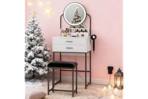 YOURLITE Small Dressing Table with Lighted Mirror and Lights, Compact Vanity Table with with Drawers for Bedroom, Mini White Modern Makeup Desk with Hair Dryer Rack and Cushioned Stool (White&Black)