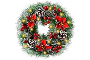 SanRes Wieniec bożonarodzeniowy (30 cm),dekoracja bożonarodzeniowa z diodami LED,kokardką,bombką bożonarodzeniową, płatkiem śniegu, jagodą, kokardką do drzwi wejściowych, kominka i dekoracji ściennej