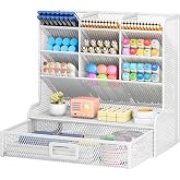 VITVITI Desk Organizer Pen Holder with 9 Compartments and Drawer Metal Mesh Shelf for Desktop Pencil Holders for School, Home
