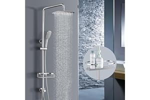 All Metal Shower Set, SonTiy XXL Rectangular Rainfall Shower Head and Hose Set with 304 Stainless Shower Riser Rail kit, Hand Shower, Shower Caddy, Extendable Swivel Arm, Chrome