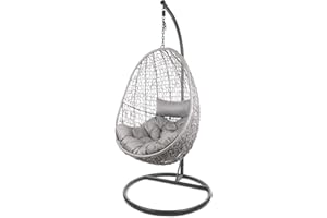 Kideo Komplettset: Hängesessel mit Gestell & Kissen,Korbsessel, Poly-Rattan (Gestell- und Korbfarbe: grau, Kissen: grau Chester-Stepp (8008_Cloud))