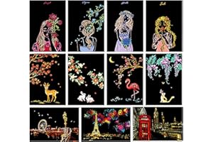 ARTSPER Magic Scratch Art Paper(7.9"x5.5"), Rainbow Landscape Engraving Art Mini Scratchboard Pads for Adults and Kids, Art & Crafts Set: 12 Sheets Scratch Postcard Cards & Drawing Pens, Brush (City Living)