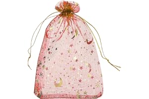 QUARKZMAN 50 stycken organzapåsar, 10 x 15 cm presentpåsar smyckespåse måne stjärna mönster nätpåsar med dragband, organzapås