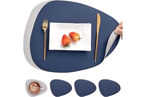 Myir JUN Leather Table Mats and Coasters, Placemat Round PU Waterproof Dual-Sided Kitchen Place Mats Coffee Mats Non-Slip Washable Placemats and Coaster Sets 4 (Set of 4, Gray Blue)