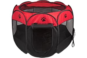 BIGWING Style Parque Mascota de Juego Entrenamiento Dormitorio Perro Gato Conejo Octágono Plegable Lavable Durable 91x 91x 58 CM, Negro y Rojo