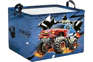 HUUMONSS 3D Monster Truck Baby Laundry Hamper Collapsible Clothes Storage Basket Large Yellow Car Boys Gift Toy Box Bin for Nursery Room, Blue, 36L