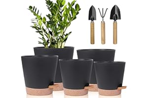 IDEALIFE Kunststoff Blumentopf Mit Bewässerungssystem, 17.8/16.5/15.2/13.9/12.7cm Selbstbewässerung Übertopf Mit Untersetzer Rund Pflanzkübel Für Innen Und Balkon Garten Pflanzen Sukkulenten (Schwarz Braun)