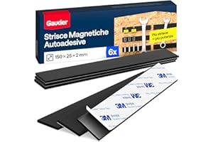 GAUDER Strisce magnetiche autoadesive - Potenti strisce magnetiche adesive per fissare oggetti metallici - Nastro magnetico pretagliato con retro adesivo (6 pezzi - 15 cm x 25 mm x 2 mm)