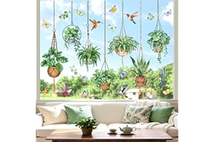 ‎DECALMILE decalmile Fensterbilder Frühling Topfpflanze Grüne Fensteraufkleber Hängende Pflanzen Fenster Abziehbilder Sommer Blätter Vögel Anti-Kollision Fenstersticker Glas Fensterdeko Aufkleber