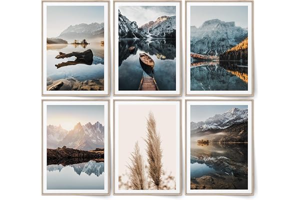 BLCKART - Infinity - Dreamy Mountains - Ensemble d'images - Posters élégants au motif de roseaux - Double face - Montagnes - Décoration pour salon scandinave (M - 6 x A4 - 21 x 29,7 cm - Sans cadre