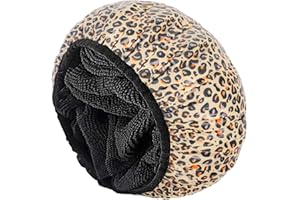 Auban Shower Cap, Shower Cap for Women Terry Cloth Exterior Reusable Double Layer Waterproof, Large Bath Hair Cap for All Hair Lengths, Hotel Travel Essentials Deep Conditioning (Leopard)