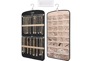 bagsmart Hanging Jewelry Organizer, Necklace Holder Anti-tangle Earrings Rings Hanger with 10 Jewelry Bags Travel Storage Roll with Pockets Hang on Closet, Wall, Door,1 Piece, Small, Black