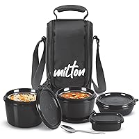 MILTON Pro Munch Tiffin (3 Microwave Safe Inner Steel Containers,180/320/450/100ml; 1 Plastic Chutney Dabba; Steel Spoon) wit
