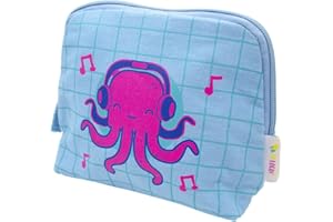 PONETTE - Neceser Juvenil, Estuche, Neceser Tejido Azul con Estampado Cuadros y Detalle de Pulpo Rosa, Marca Española