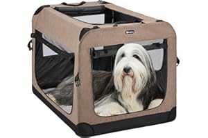 Veehoo Folding Soft Dog Crate, 3-Door Pet Kennel for Crate-Training Dogs, 5 x Heavy-Weight Mesh Screen, 600D Cationic Oxford Fabric, Indoor & Outdoor Use, 40", Beige Coffee