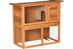 PawHut Hasenstall 2 Etagen Kaninchenstall aus Holz 90x45x80 cm Kaninchenkäfig mit wetterfest aufklappbar Bitumendach Freilaufgehege Rampe Tür Bodenwanne Hasenkäfig für Zwergkaninchen Outdoor Orange
