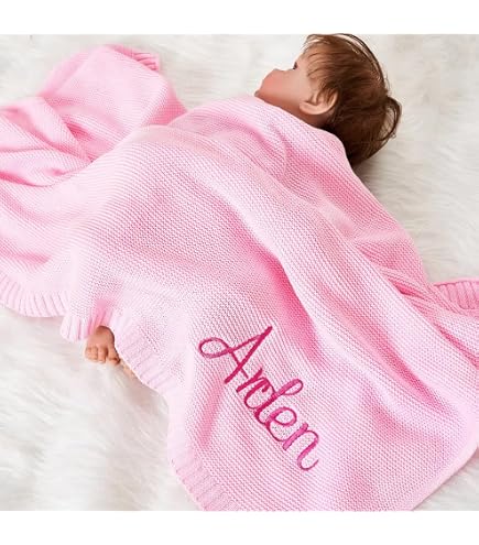 HERSTL Coperta Personalizzata In Maglia Di Cotone Fatta A Mano Personalizzata Con Nome Ricamato For Neonato, Neonata, Morbida Coperta For Baby Shower, Coperta For Passeggino Traspirante(Pink