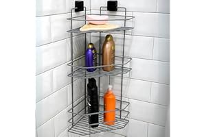3FlexHome Rust Free Shower Corner Caddy Shelf No Drill Corner Shower Shelf, Adhesive Wall-Mounted Rustproof Bathroom Organiser Bathroom Storage Kitchen Rack (Grey, 3 Tiers)