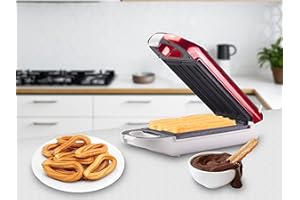 ‎BEPER BEPER BT.600Y. Antihaftbeschichtete Churros-Grillplatte, 800 W Leistung, Wärmeisolierender Griff, Betriebsleuchte und rutschfeste Füße - Ideal für Frühstück und Partys, Rot