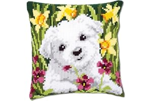 Vervaco Punto De Cruz Kit Cojin Decorativo Westie Y NARCISOS Manualidades Adultos Decoracion Bordar Kit Principiantes Completo DIY Bordado Creativo Regalo ca. 40x40 cm Cross Stitch Embroidery
