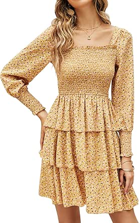 Bequemer Laden Damen Casual Kleid Quadratischer Ausschnitt Laternenärmel  Sommerkleid Langarm Binden Zurück Rüschen Abgestuft Kurz Keider Minikleid  Strandkleid für Frühling Sommer : Amazon.de: Bekleidung