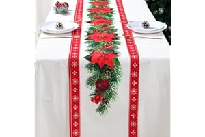 PATIMATE Runner da Tavola Natalizio Cartamo, Tovaglia Natalizia Rosso in Lino con Stampa di Albero di Natale Campanelli Fiori Rossi, Decorazioni Natalizie Tavolo per Natale Cene di Famiglia(274 x 33 cm)