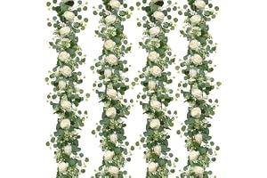 Dremisland 4 st/7,3 m konstgjorda eukalyptusblommor girlang vårdekor vit ros girlang silkesblommor konstgjorda eukalyptusväxt
