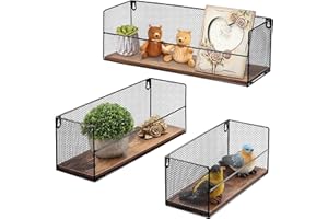 HORLIMER Estanteria Pared con Alambre Negro de Metal, Set de 3, Estantes Flotantes Rusticos, Baldas de Madera Maciza para Almacenar y Decorar en Cocina, Baño, Salon, Despacho