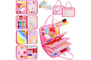 Esjay Busy Board Deutsch Montessori Spielzeug Kleinkinder Mädchen, Activity Board Book Motorikspielzeug, Geschenk Mädchen Geburtstag, Lernspielzeug Motorikbrett für Reise Auto Flugzeug, Deutsch Rosa