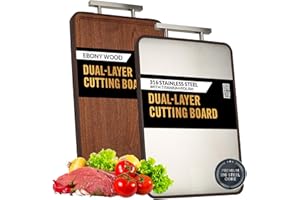 Okniv Titanium Style Cutting Board – Dual-Sided 316 Stainless Steel Chopping Board and Natural Ebony Wood with Juice Groove – Ergonomic Handle Easy Storage