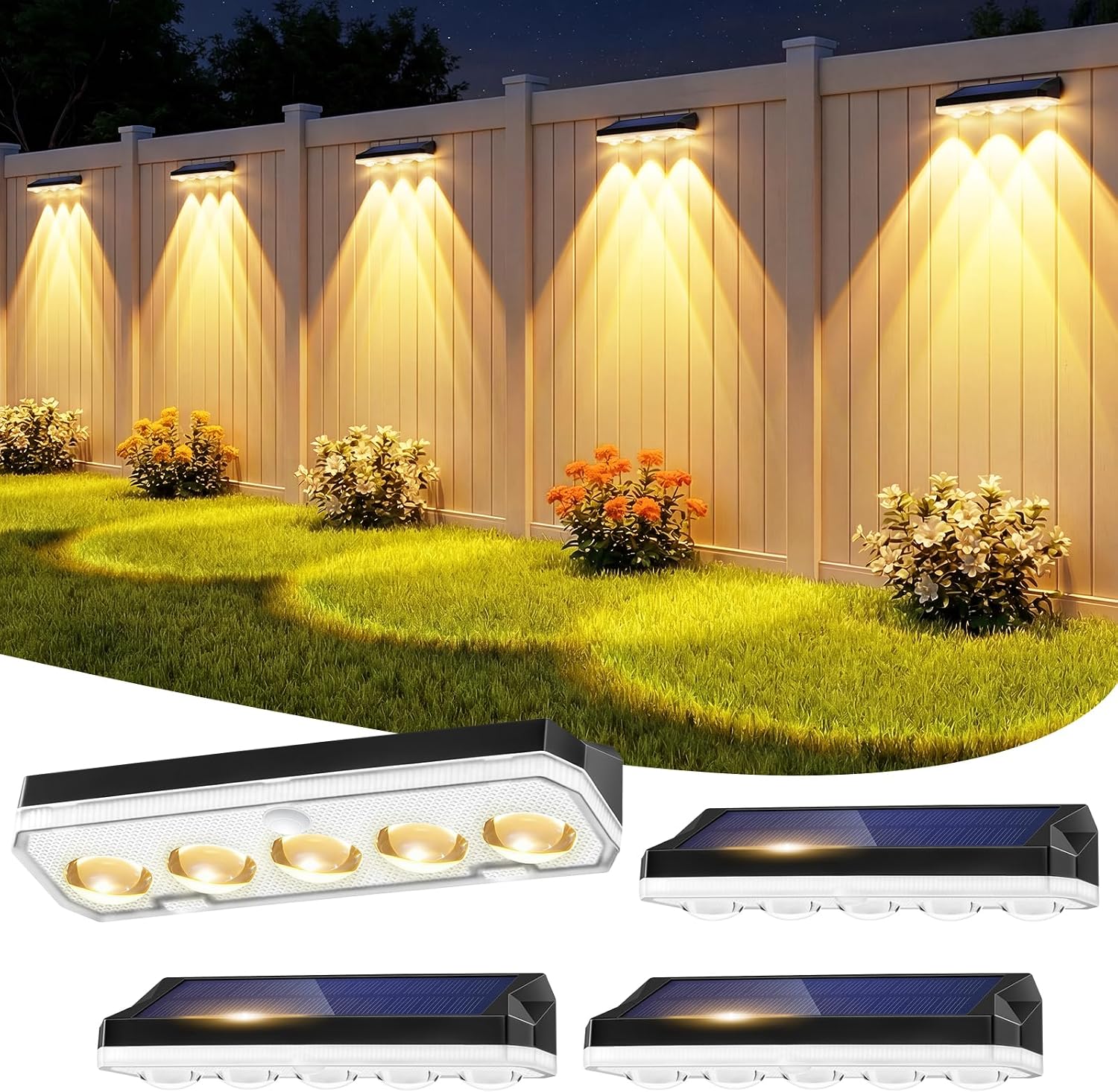 Wonkelly Solar Fence Lights Outdoor, 4 Pack Solar Lights Outdoor Garden Warm White/Cool White& RGB 8 Colors, 5 Lens 40 Lighting Modes, IP65 Waterproof, Outside Wall Light for Garage, Yard, Pathway