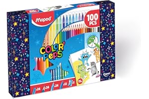 Maped Color'Peps - Kit de colorear (100 unidades, 24 lápices de colores, 24 rotuladores + 24 lápices de cera + 12 lápices de plástico + 1 sacapuntas + caja reutilizable
