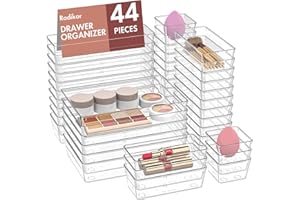 Radikor 44 Stück Schubladen-Organizer, Schubladenaufbewahrung aus Kunststoff, transparent, Aufbewahrungsboxen mit 4 Größen für Badezimmer, Schminktisch, Küche, Büro, Schreibwaren, Kosmetik, Schmuck