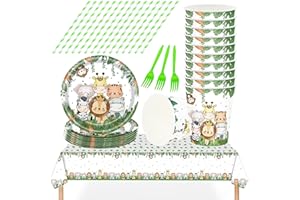 Lunriwis 61 Stück Dschungel Safari Partygeschirr Set, Wild One Geburtstag Deko Kindergeburtstag Tiere Tischdecke Papier Teller Becher Strohhalme Gabeln für 15 Gäste