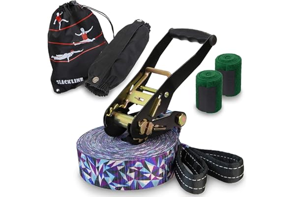 ALPIDEX Slackline Set 15 m + Protections pour Arbre et Protection cliquet, Convient aux Enfants, débutants et avancés