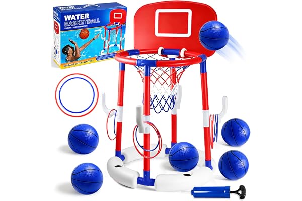 Joellfuner Pool basketkorg, vatten basketkorg pool, basket för poolspel, vattenspel basketset med 6 bollar och 10 kastringar, poolleksak sommar för barn vuxna
