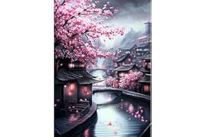 NEWENMO DIY Arquitectura Antigua China Diamond Painting Adultos,5D Flores De Cerezo Diamond Art,Kit Completo de Pintura de Diamante,Bricolaje Dibujo de Diamantes Set,para Decoración de Hogar 30x40cm