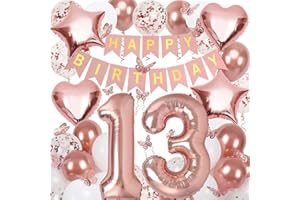 NELOTAOR 13th Birthday Decorations for Girls, Rose Gold 40 Inch Number 13 Foil Birthday Balloons with Happy Birthday Banner and Butterfly Stickers