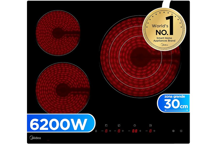 MIDEA Placa Vitroceramica 3 fuegos 6200 W - Vitroceramica Integrada con Panel de control tactil, Indicador de Luz, Temporizad