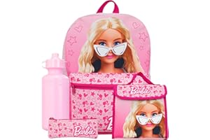 Zestaw Barbie Plecak i Torba na Lunch 4 części | Zestaw Torebki Szkolnej dla Dziewczynek | Plecak dla Dziewczynek, Torba na Lunch, Butelka na Wodę i Etui na Ołówki | Oficjalne Towary | Różowy